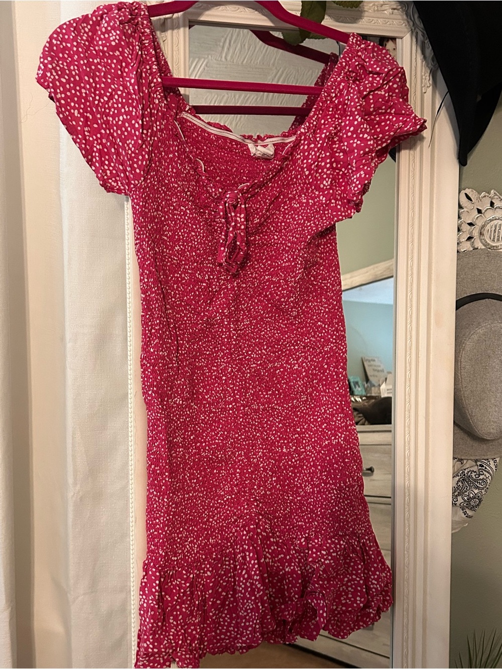 Women’Pink Dot Tie-Front Smocked Dress